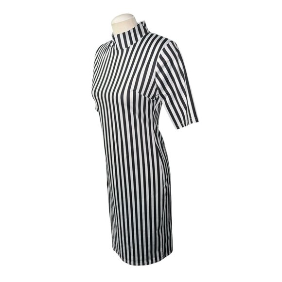 Black & White Vertical Striped Prisoner Jail Costume Dress With High Neck Short - Picture 4 of 10